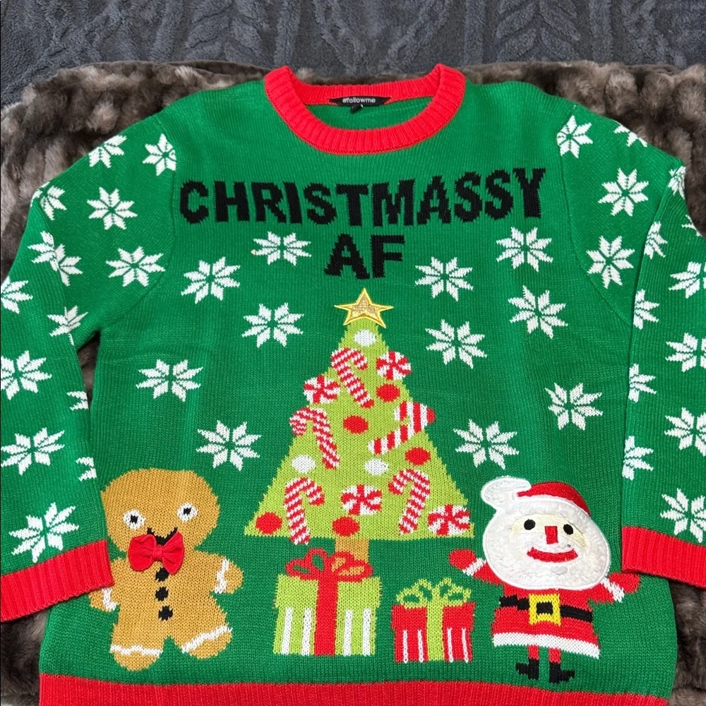 Green Christmas Sweater with Santa and Gingerbread Design - Picture 1 of 1